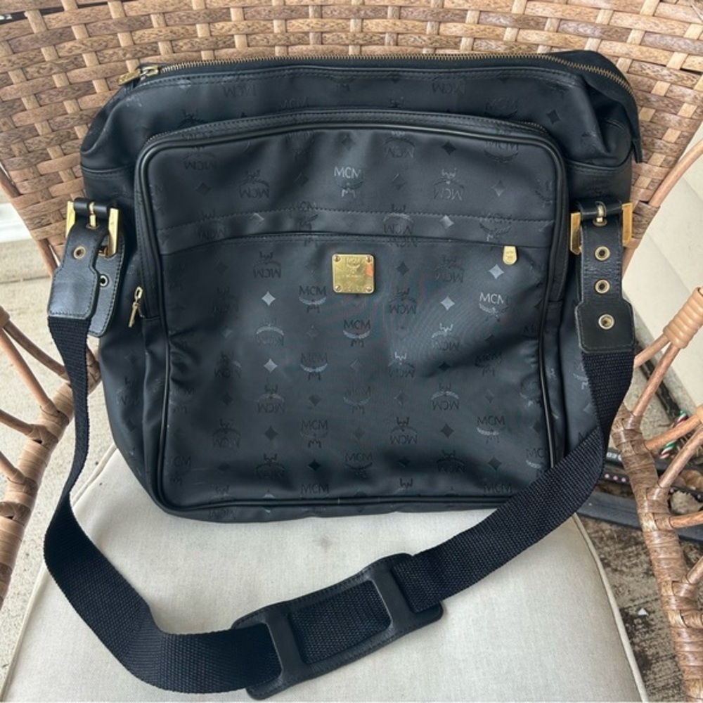 MCM Visetos Handbag Travel Bag Black Logo Gold Women's w/ Shoulder Strap